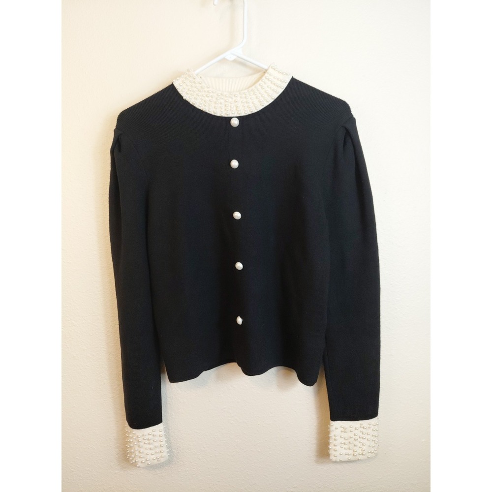 Commense Black Knit Sweater Embellished With Pearls Sz Large Preppy Coquette